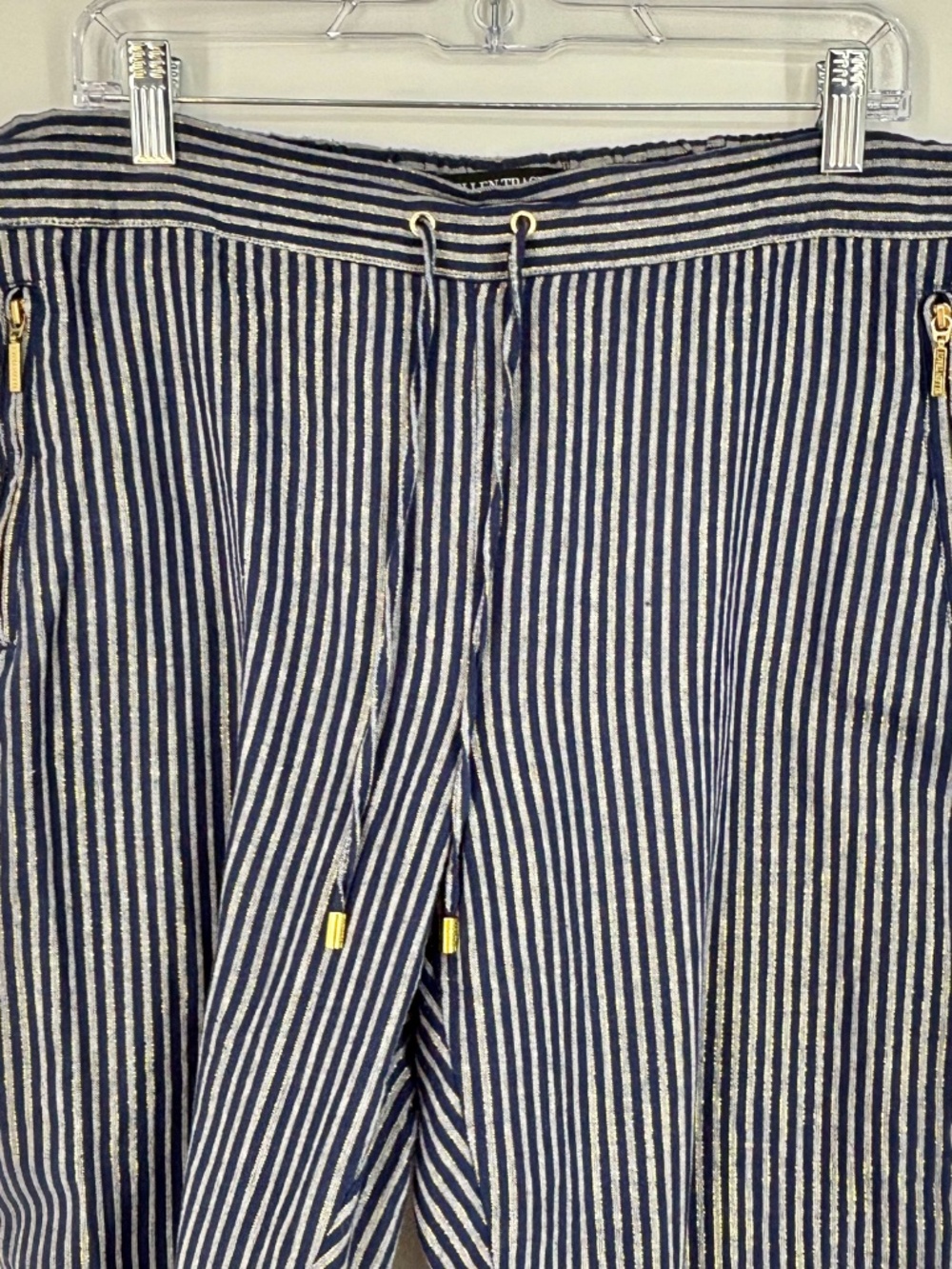 Ellen Tracy Womens Large Pull-On Pants Navy Blue Gold Metallic Stripes Linen - Picture 2 of 9